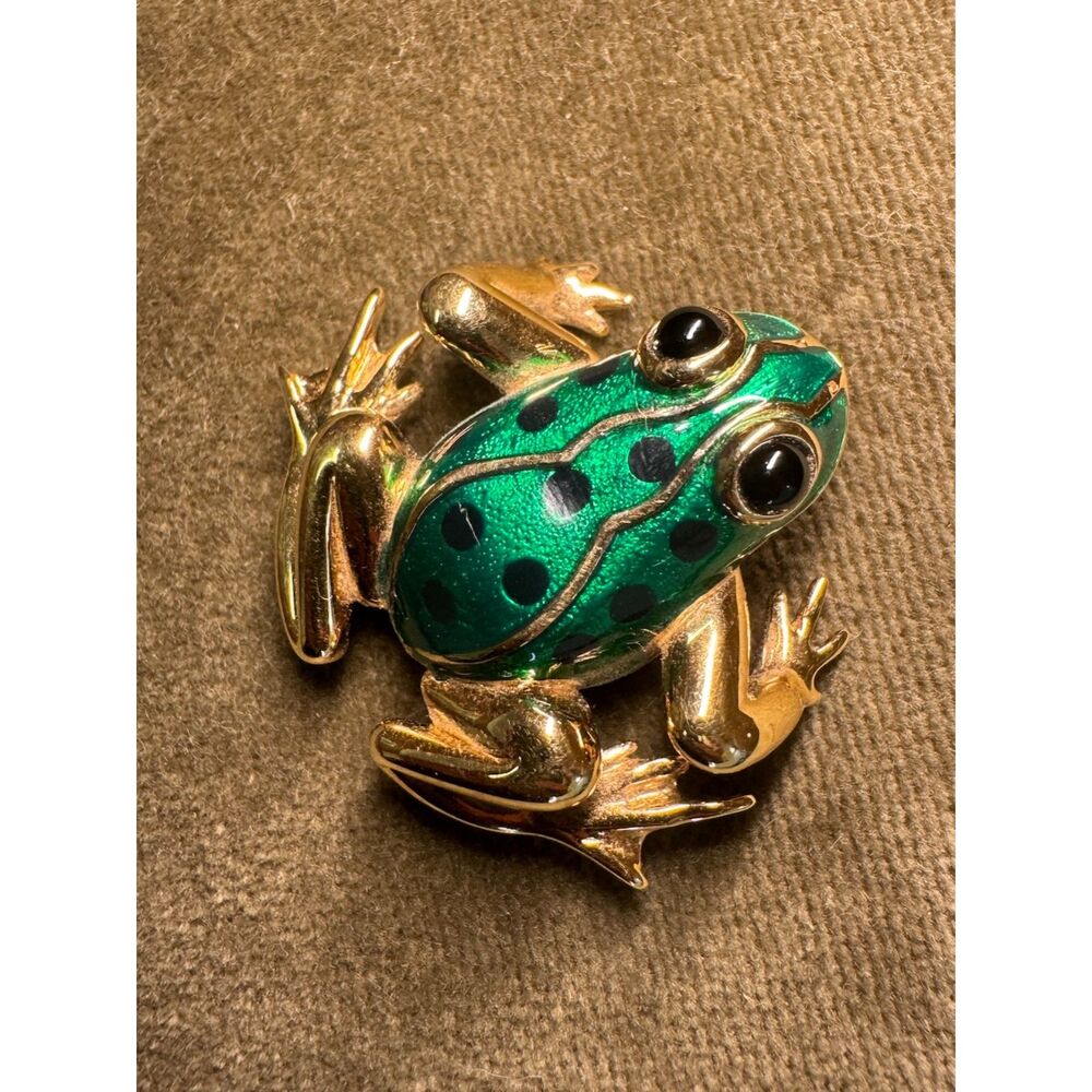 Carolee Green Enamel Frog Brooch Pin Gold Tone